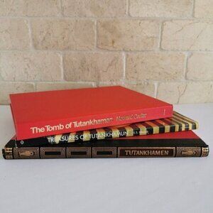 Tutankhamen Ancient Egypt Book Set Stack, Vintage Red Gold Black Books Decor